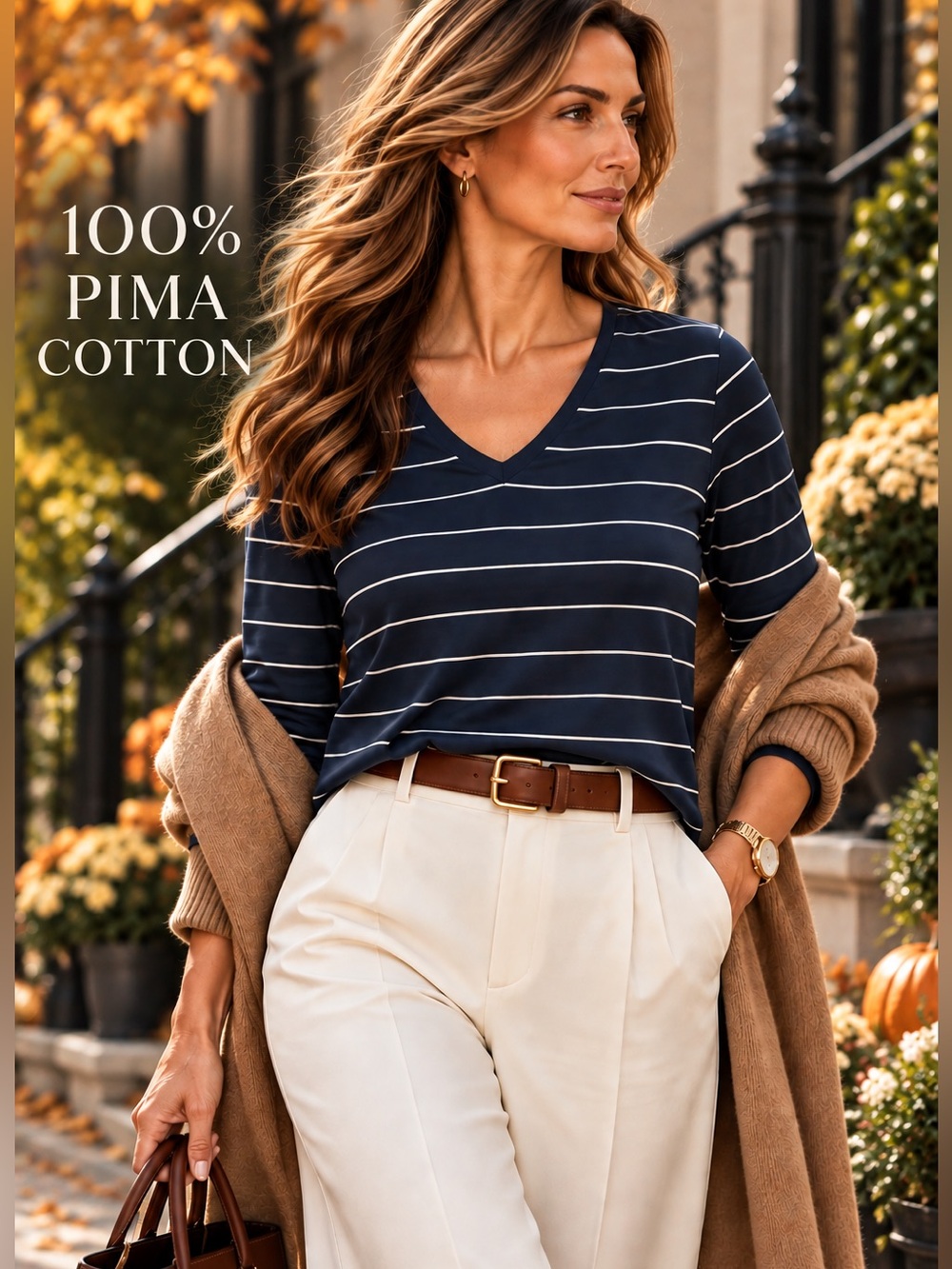 J.Jill Pima Cotton Navy White Stripe V-Neck 3/4 Sleeve Top XS/S Petite Soft Tee